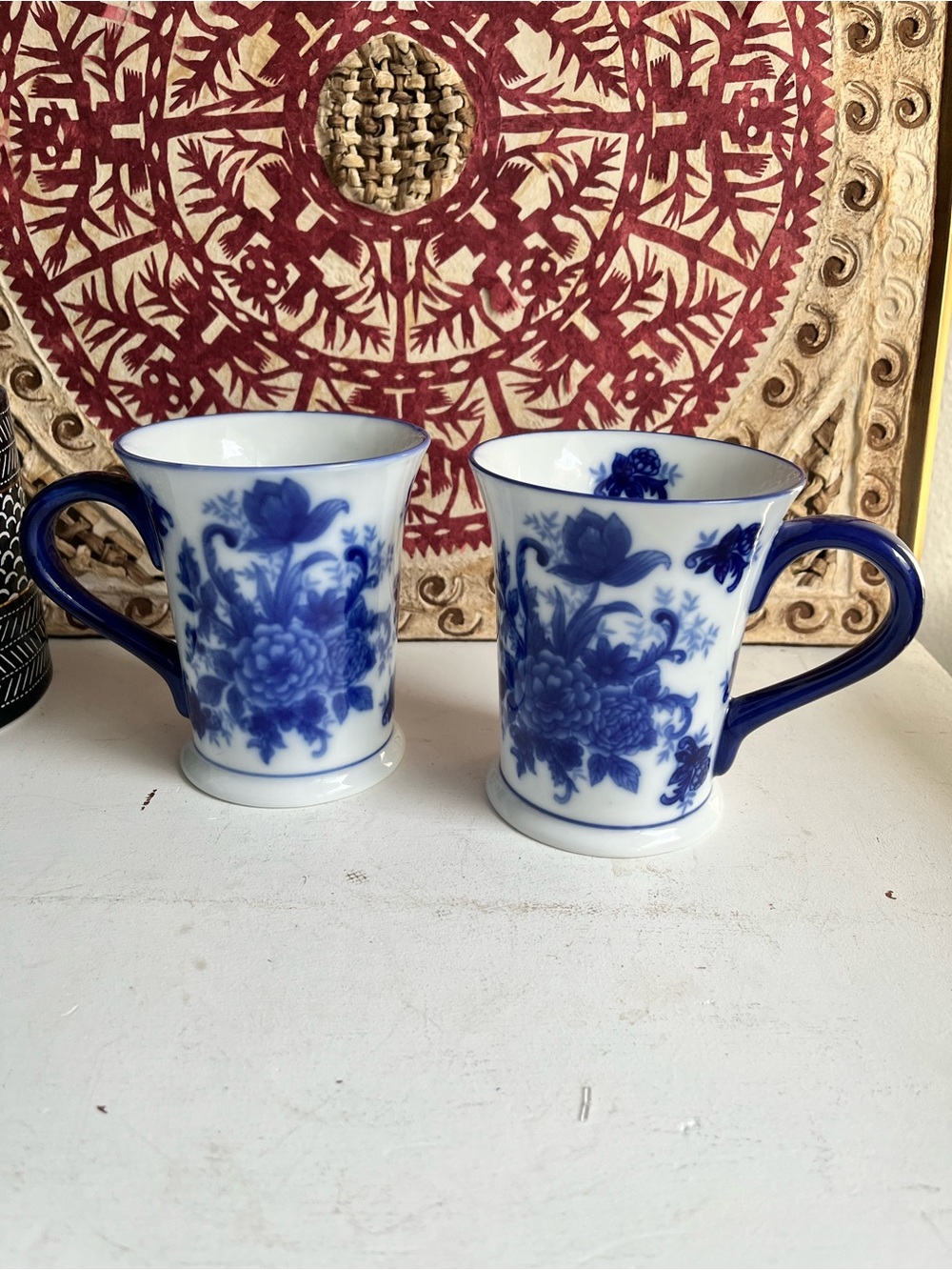 2 Cracker Barrel Blue & White Floral Porcelain Mugs
